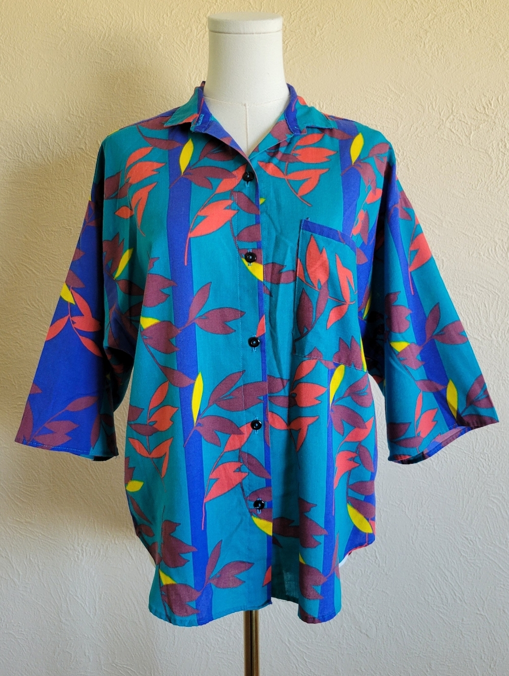 Rose Garden | 80s Vintage Western Stripes Leaf Print Button-Up